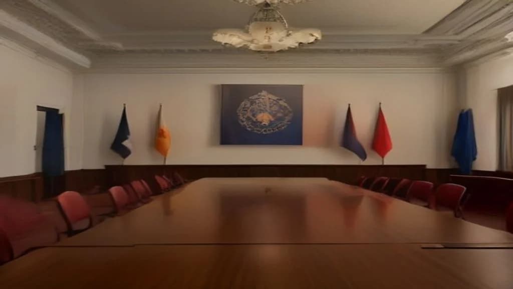 Orosz és német zászlók egy tárgyalóteremben