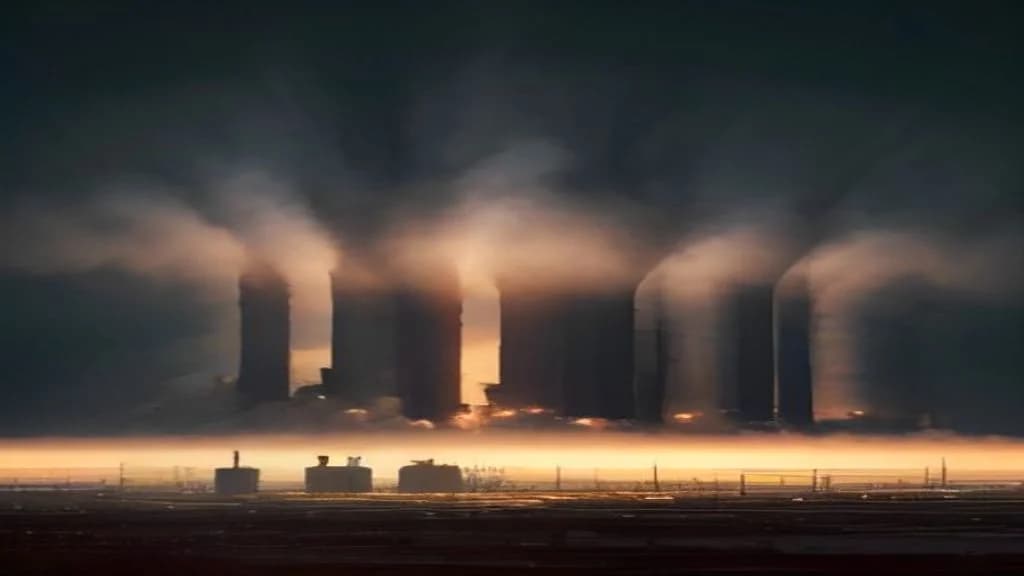 Olajfinomító ipari létesítmény füstölgő tartályokkal