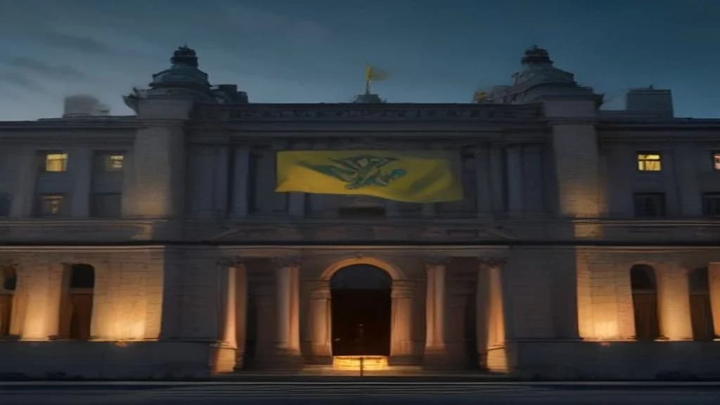 Ukrán zászló és hivatalos épület, bírósági szimbólum