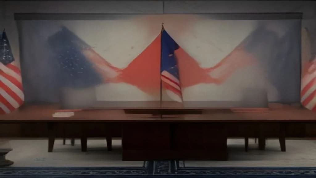 Amerikai és iráni zászlók tárgyalóasztalon, háttérben tengeri blokádot szimbolizáló grafika